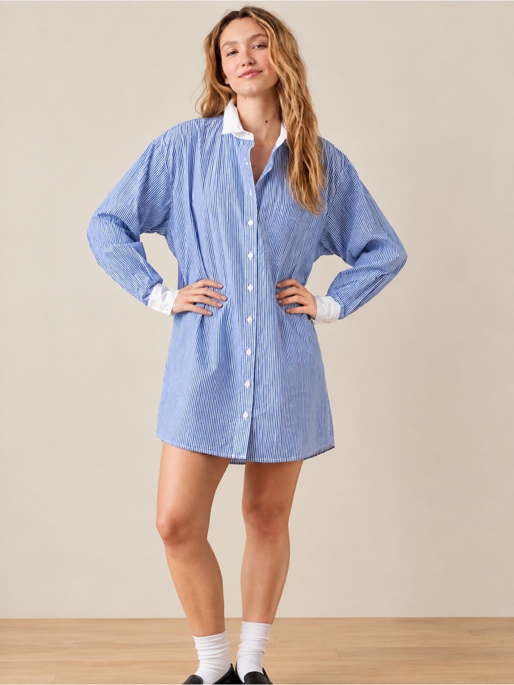 American Eagle Outfitters Blue Pinstripe Shirt Dress with White Collar